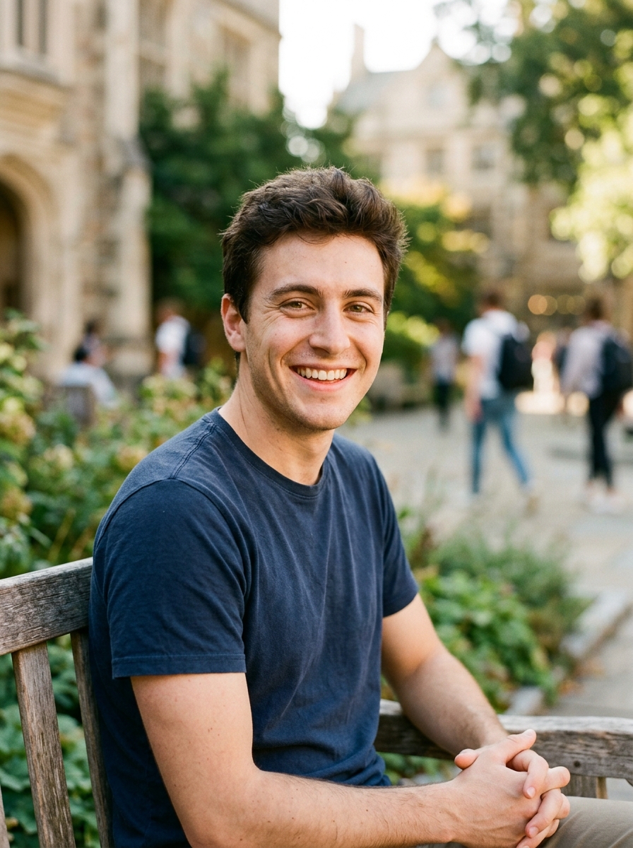 A smiling young man in his mid-twenties wearing a casual dark t-shirt