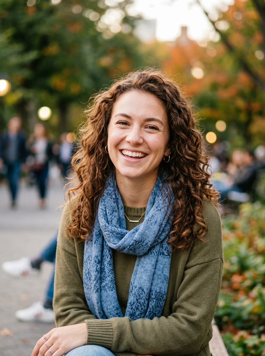 A young woman in her mid-twenties with curly hair and a blue scarf smiling